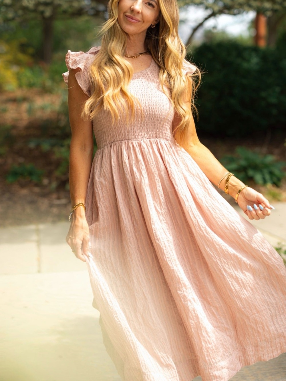 Ivy City Co. Hattie Dress in Pink Stripes with ruffled sleeves and v neck